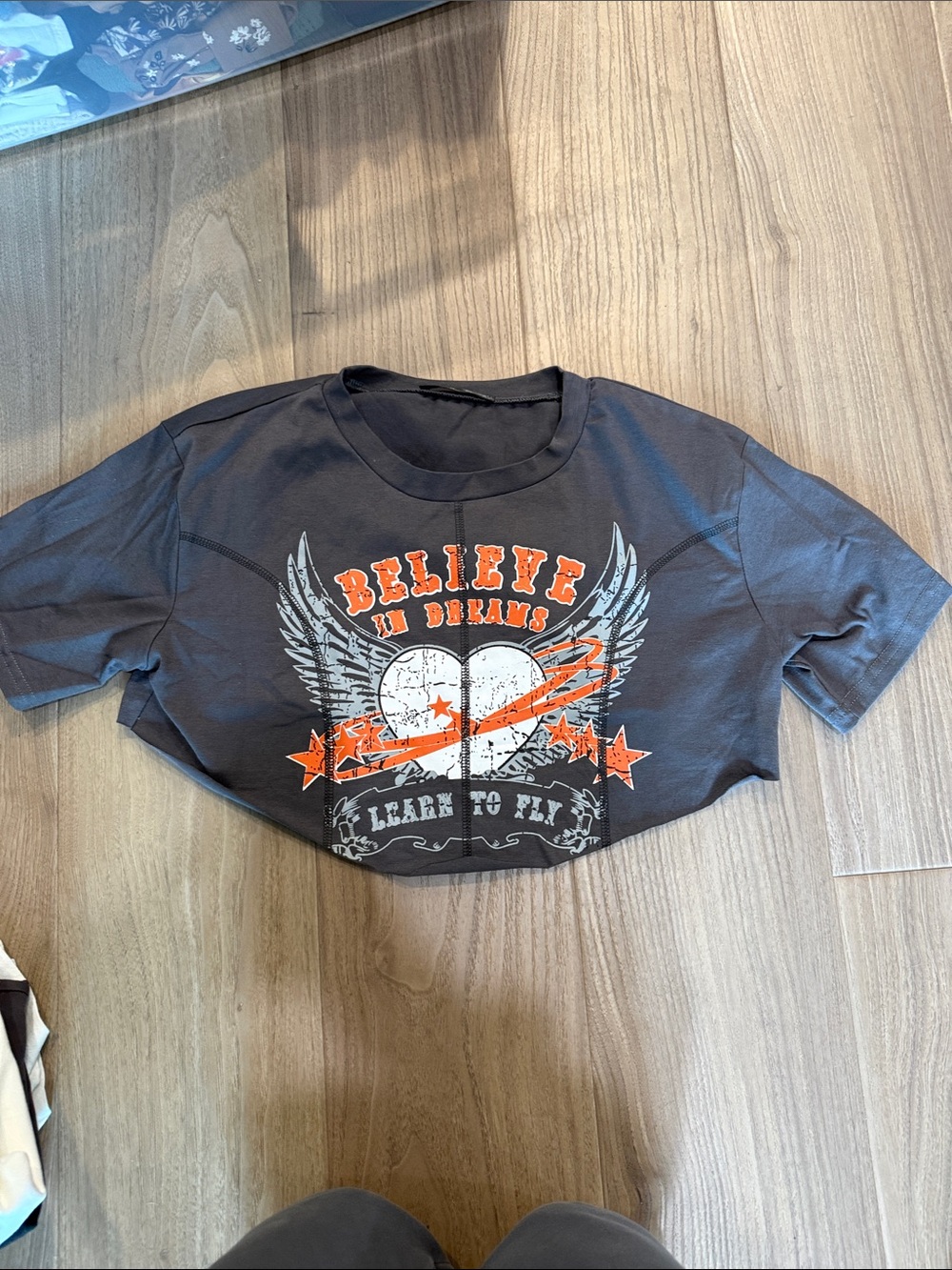 SHEIN Black Crop Tee with Orange and White Graphic